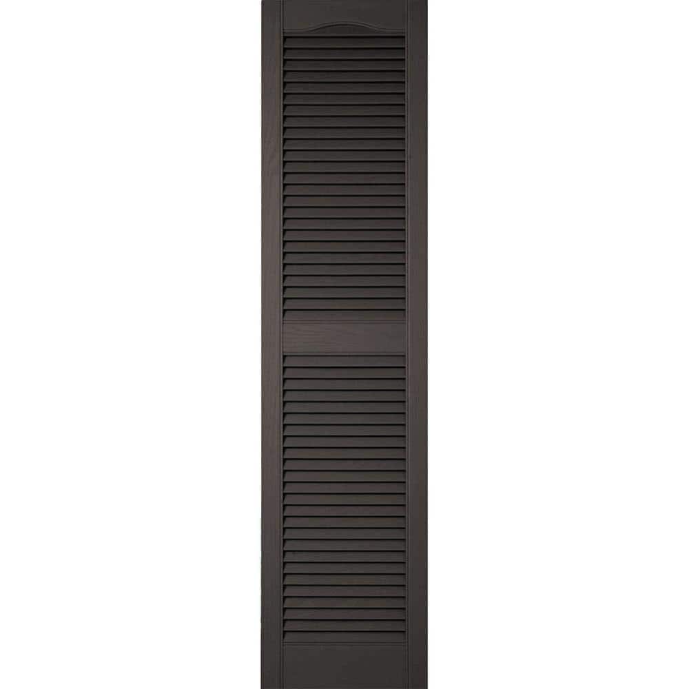 Ekena Millwork 14-1/2 in. x 43 in. Lifetime Vinyl Custom Cathedral Top Center Mullion Open Louvered Shutters Pair Musket Brown