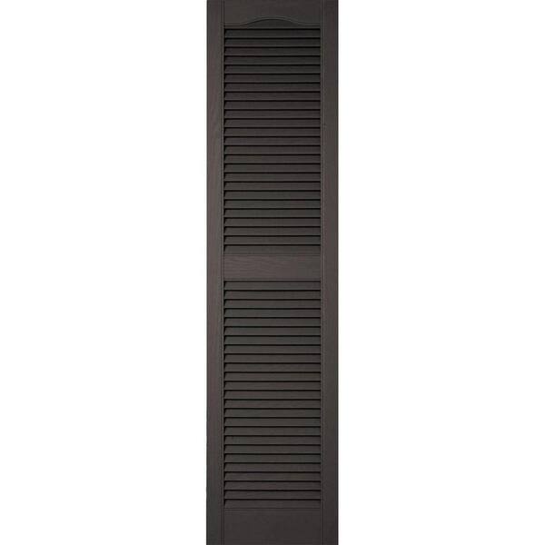 Ekena Millwork 14-1/2 in. x 64 in. Lifetime Vinyl Custom Cathedral Top Center Mullion Open Louvered Shutters Pair Musket Brown