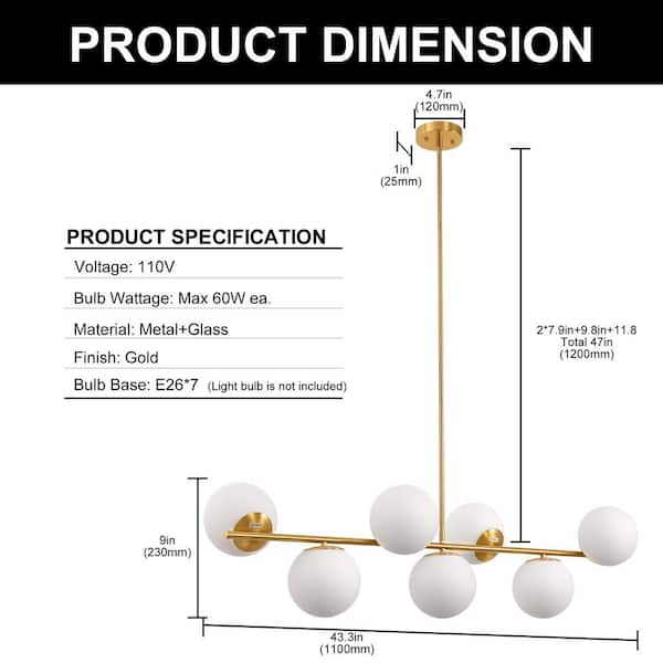 7-Light Modern Gold Chandelier with White Glass Globes - Linear Brass Pendant Light for Kitchen Island and Dining Room
