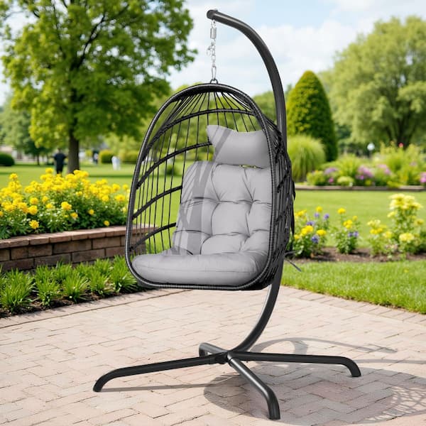 FINCATI Foldable 350 1-Person Gray Wicker Patio Swing Egg