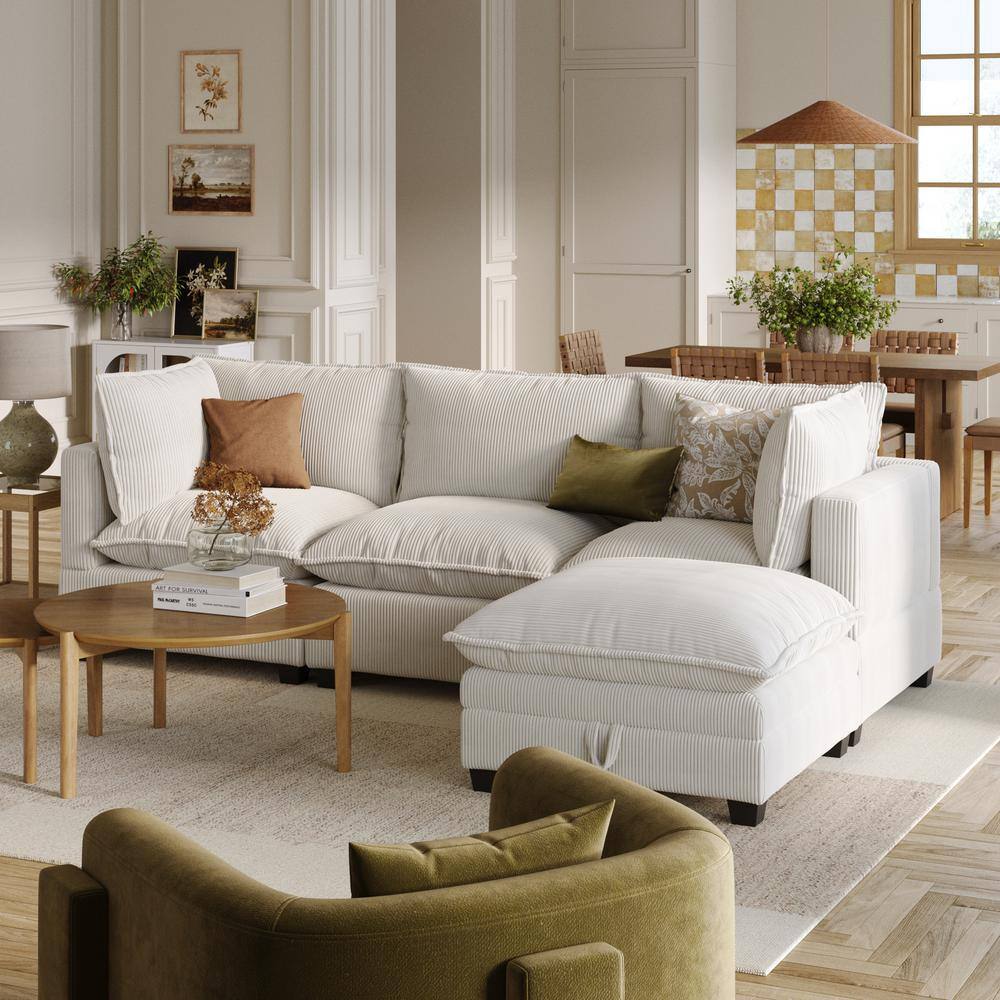 Pearl White Linen Upholstered 3-Seater Sofa with Ottoman