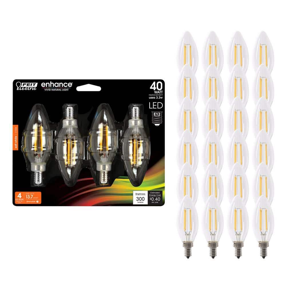 Feit Electric 40-Watt Equivalent B10 E12 Candelabra Dimmable Filament CEC Clear Glass Chandelier LED Light Bulb Soft White (24-Pack)