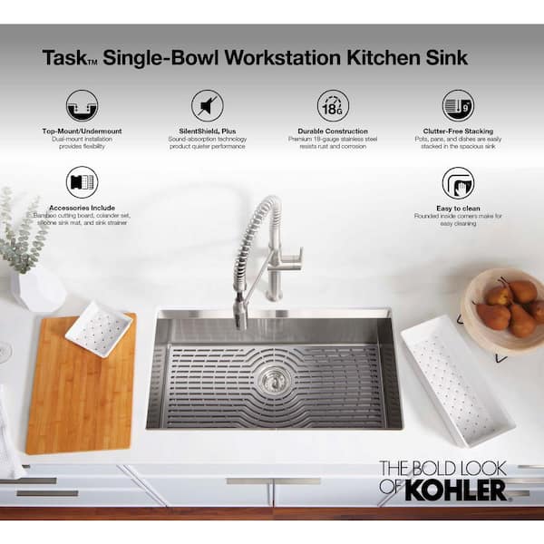 KOHLER Task Workstation 33 in. Drop-in/Undermount Single Bowl Stainless Steel Kitchen Sink with 2 Faucet Holes
