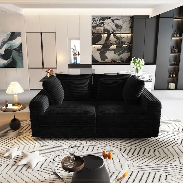 102.4 in. Square Arms Corduroy SquareSectional Sofa in Black with Soft Pillows and 2 Ottomans