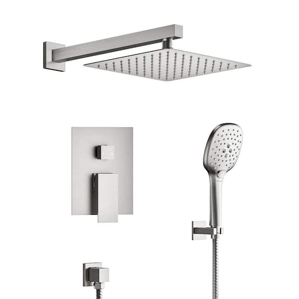 YAWWALK Double Handle 3-Spray 10 in. Wall Mount Shower Faucet with High Pressure in Brushed Nickel (Valve Included)