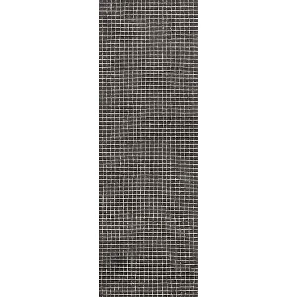 Melrose Checked Wool Charcoal 3 ft. x 8 ft. Indoor/Outdoor Patio Runner Rug