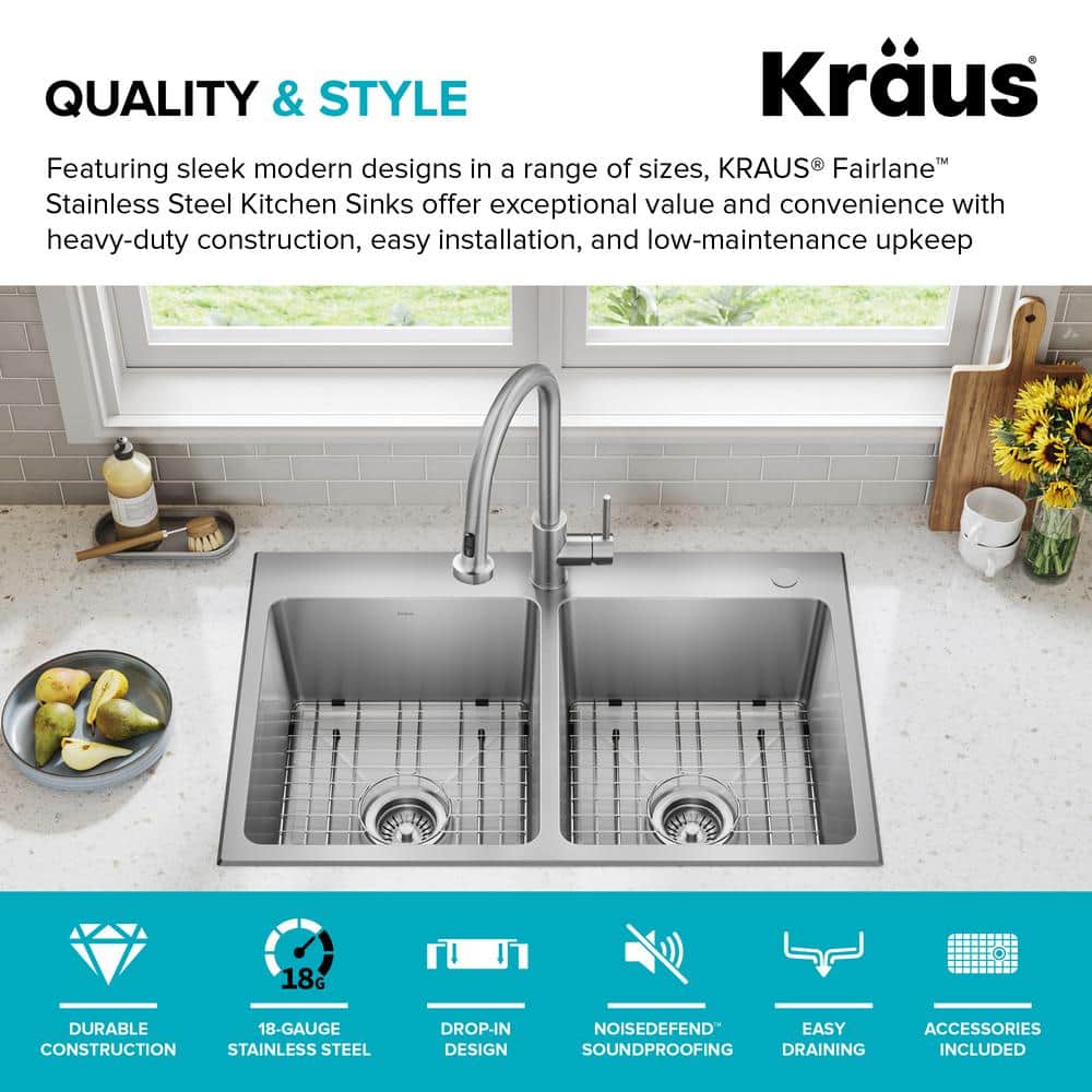 Fairlane 33-Inch Stainless Steel Double Bowl Kitchen Sink