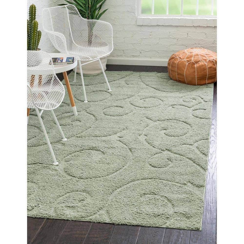 Green Floral Shag Synthetic Rectangular 4' x 6' Area Rug