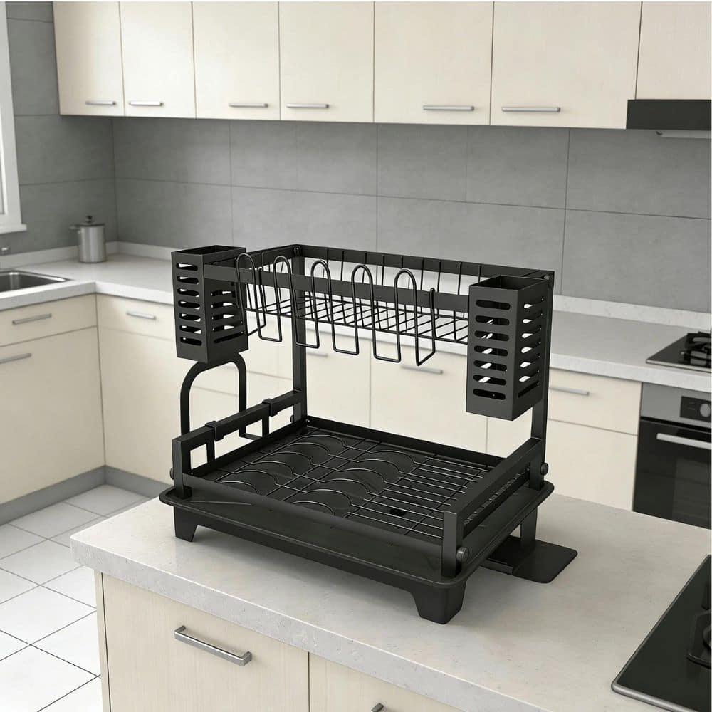 Bottom Dish Rack Wudkey 2 Tier Standing Black Dish Rack with Drainboard and Utensil ...