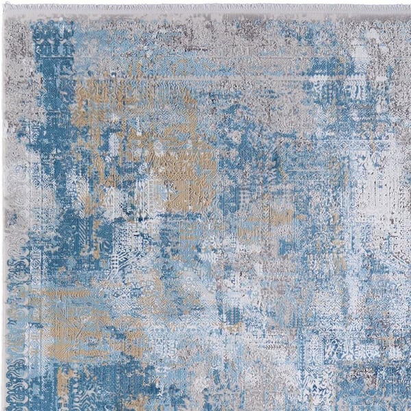 13 ft. x 20 ft. Blue Gold and Gray Abstract Power Loom Area Rug with Fringe