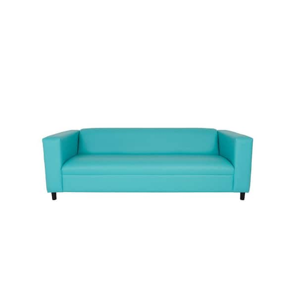 HomeRoots Amelia 84 in. Rolled Arm Faux Leather Rectangle Sofa in Teal Blue