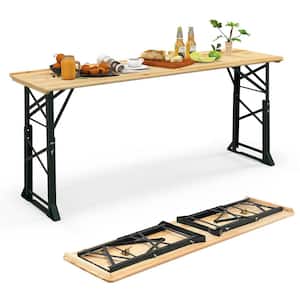 66.5 in. Width in Natural Rectangle Wood Metal Picnic Table Height Adjustable Folding Beer Table with Umbrella Hole