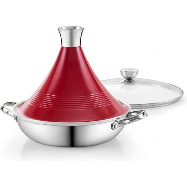 11 in. 3.6 qt. Multi-Ply Clad Stainless Steel Moroccan Traditional Cooking Pot with Die-Cast Aluminum Red Conical Lid