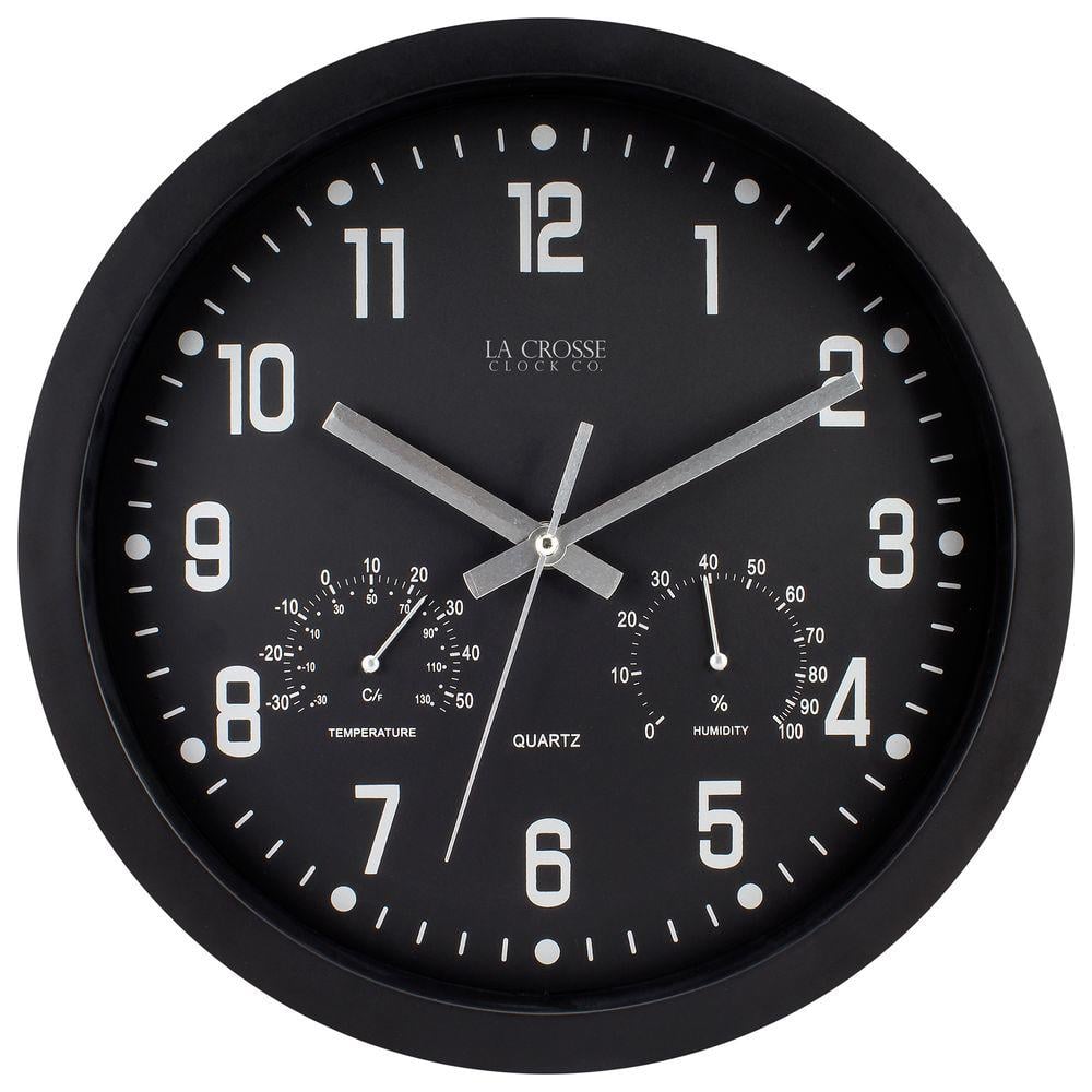 La Crosse 12'' Black Analog Wall Clock with Temperature and Humidity