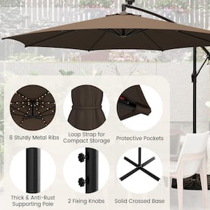 10 ft. Solar-Lighted 112 LED Cantilever Offset Patio Umbrella Crank Tilt in Coffee