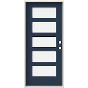 36 in. x 80 in. Left-Hand 5 Lite Clear Glass Revival Blue Painted Fiberglass Prehung Front Door with Brickmould