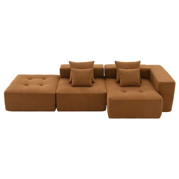 105.5 in. Corduroy Fabric Fully Compressed Cloud Sectional Sofa in. Brown