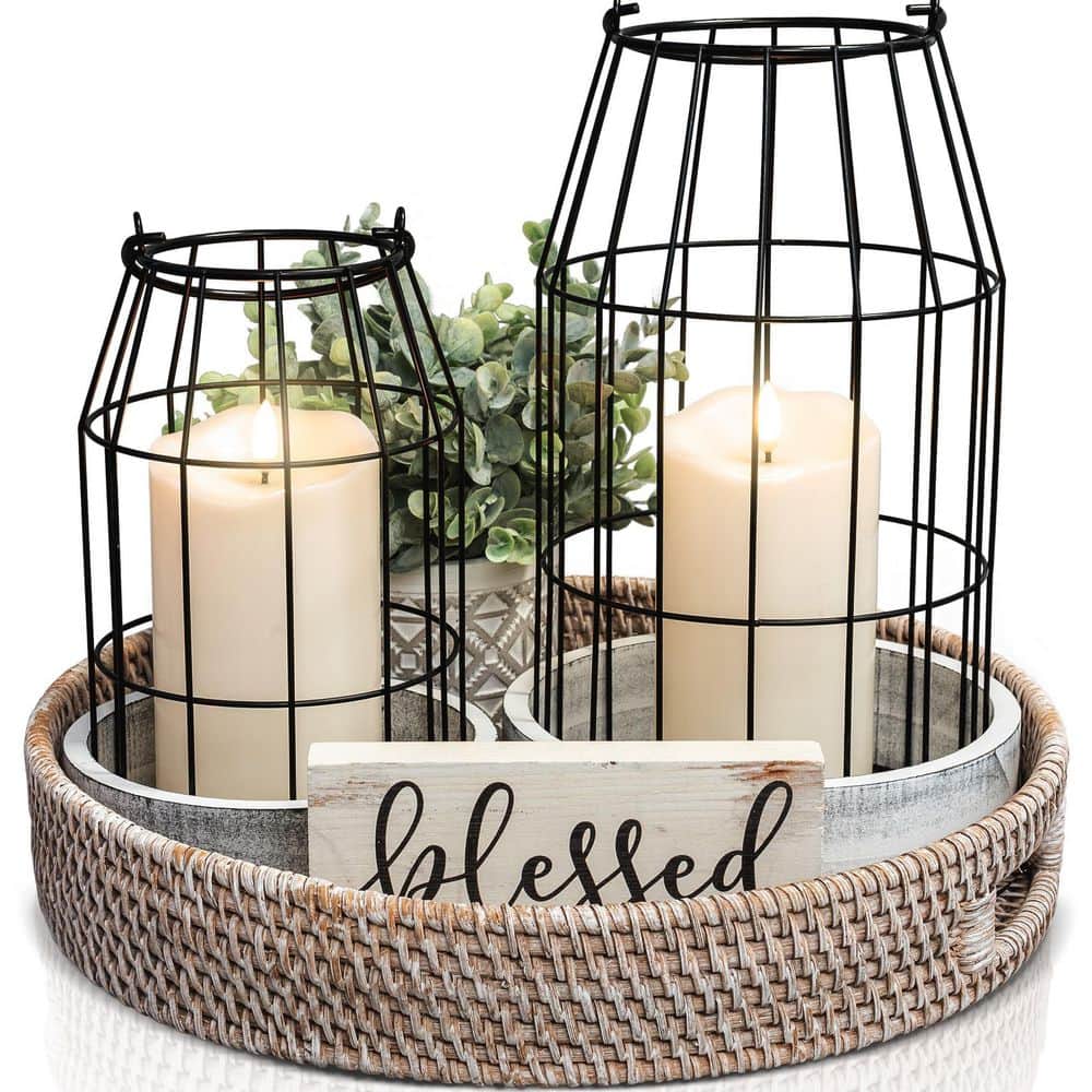 White and Black Modern Rustic Farmhouse Lantern Decor for Living Room, Fire