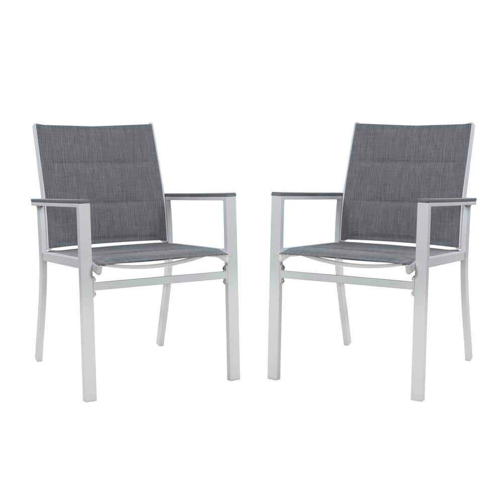 Brown Powder-Coated Aluminum Dining Chair with Gray Cushions - Set of 2