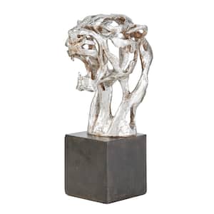 Silver Polystone Abstract Leopard Head Sculpture With Black Rectangular Base, 7 in. x 16 in.