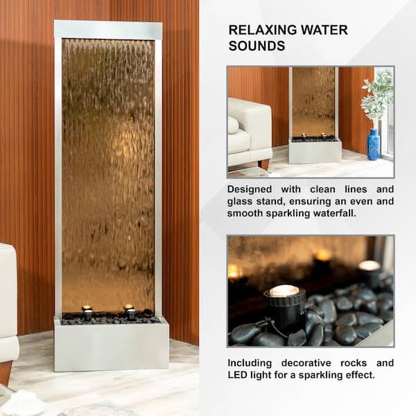 68 in. H Bronze Freestanding Waterfall Fountain w/ Decorative Rocks LED,Auto-Shut Off Pump Stainless Steel /Bronze Glass
