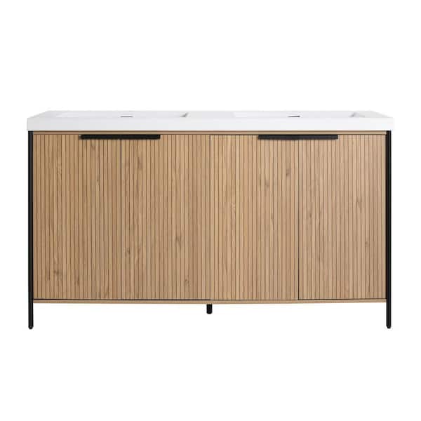 60 in. Freestanding Double Beige Bath Vanity with White Resin Top Unassembled