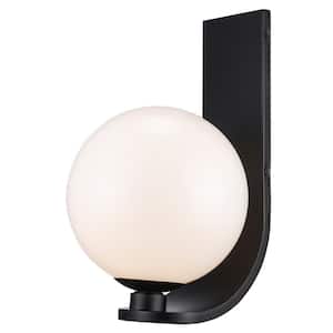 Lane 17.625 in. 1-Light Black Outdoor Wall Light Fixture with White Opal Glass Globe Shade