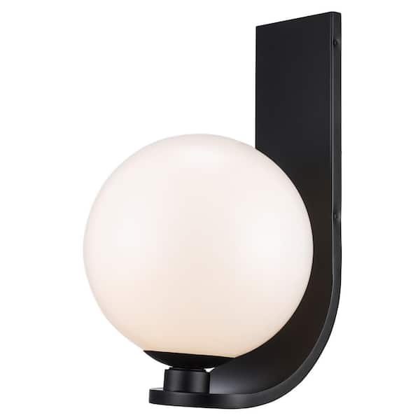 Bel Air Lighting Lane 17.625 in. 1-Light Black Outdoor Wall Light Fixture with White Opal Glass Globe Shade