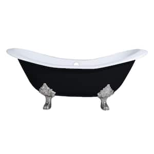 72 in. Cast Iron Brushed Nickel Double Slipper Clawfoot Bathtub in Black