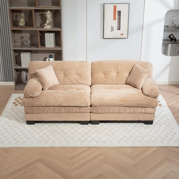 84 in. Dual-Layer Modular Chenille Rectangle Deep Seat Pillow Top Arm Sectional Sofa in Khaki
