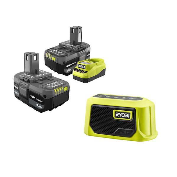 RYOBI ONE+ 18V Lithium-Ion 4.0 Ah Compact Battery (2-Pack) and Charger Kit with Free Cordless Compact Bluetooth Speaker
