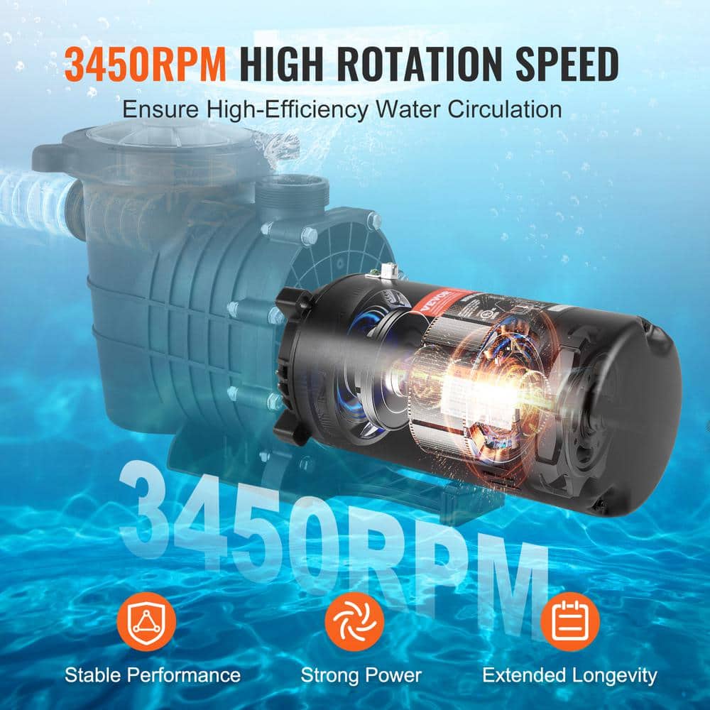 VEVOR Black Steel 1.5 HP Pool Pump Motor with 56J Frame