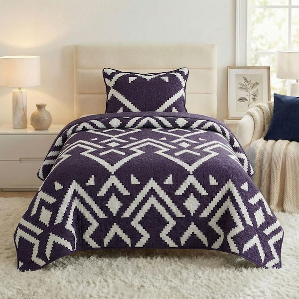 2PC Twin Quilt Set with Sham, Lightweight Polyester Bedding Set for All Seasons, Navy Blue and White