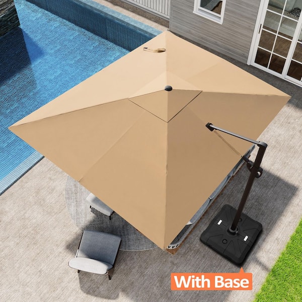 Pellebant 9 ft. x 11 ft. Heavy-Duty Outdoor Aluminum Cantilever Offset Patio Umbrella in Tan with 360° Rotation and Base