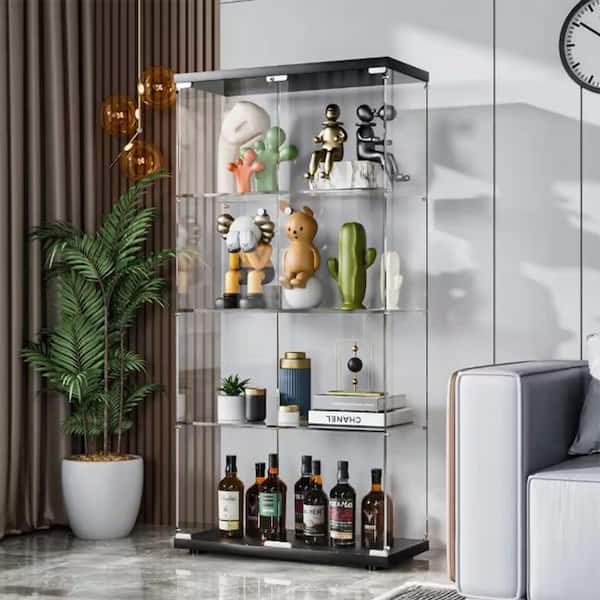 Black 2-Door Glass Display Cabinet with 4-Shelves with Door