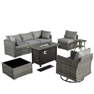 Sanibel Gray 8-Piece Wicker Outdoor Patio Conversation Sofa Sectional Set with a Metal Fire Pit and Dark Gray Cushions