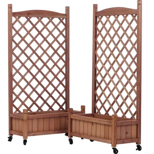 Medium 25 in. Dia Brown Wood Outdoor Raised Garden Bed with Trellis, Planter Box and Plant Stand&Climbing Racks (2-Pack)