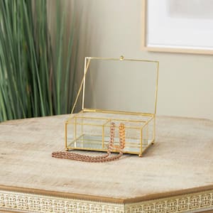 Clear Glass 3 Slot Jewelry Box with Gold Metal Frame and Chain Accent
