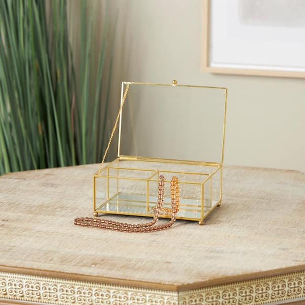 Litton Lane Clear Glass 3 Slot Jewelry Box with Gold Metal Frame and Chain Accent