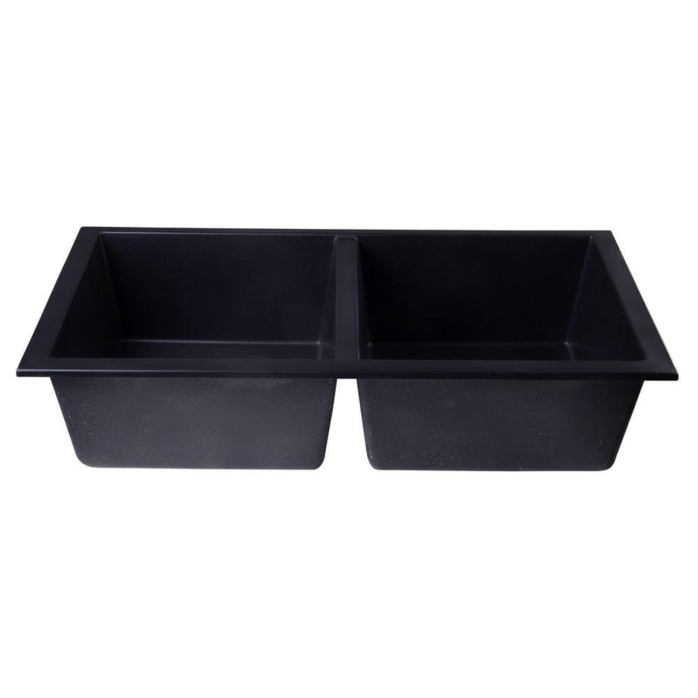 34'' Black Granite Double Bowl Drop-In Kitchen Sink