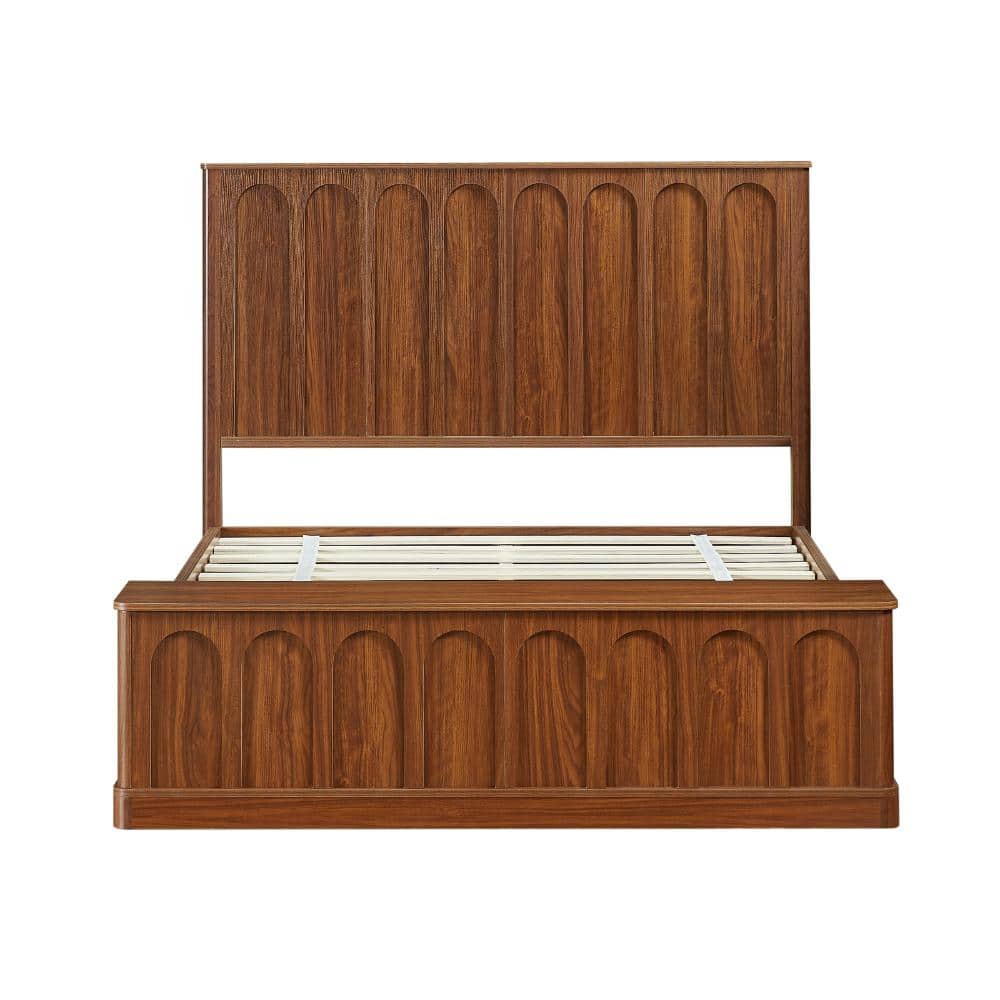 Walnut Wood Queen Size Platform Bed Frame with Storage Bench, Mid-Century Modern Arched Panel Design, No Box Spring