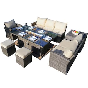 Andrea Gray 7-Piece Wicker Patio Fire Pit Conversation Sofa Set with Beige Cushions