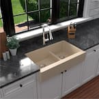 Retrofit Farmhouse/Apron-Front Quartz Composite 34 in. Double Offset Bowl Kitchen Sink in Bisque