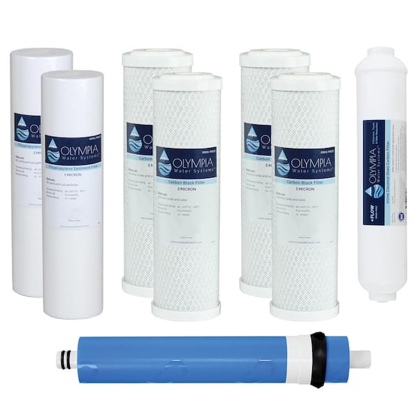 Olympia Water Systems Complete 50 GPD 5-Stage Replacement Filter Set for Standard Size Reverse Osmosis System (with Extra Pre-Filter Set)