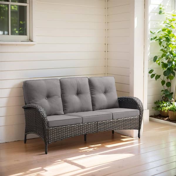 Brown Wicker Outdoor Couch, Rattan Wicker 3-Seat Sofa Deep Seat Couch with Gray Cushions for Garden Backyard