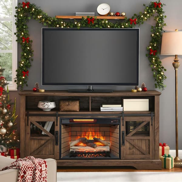 60 in. W Reclaimed Barnwood Finish Freestanding Electric Fireplace TV Stand with Door Sensor