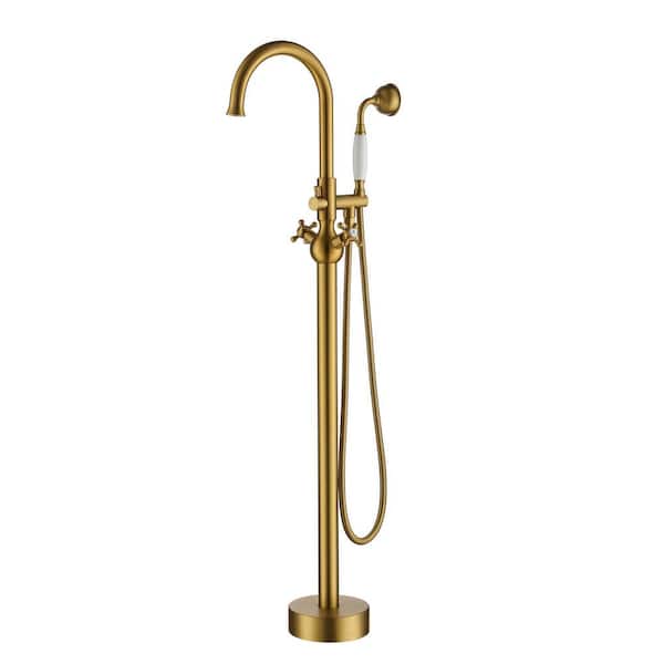 Classic Floor Mount 3-Handle Freestanding Tub Faucet with Hand Shower and Water Supply Hoses in Brushed Gold