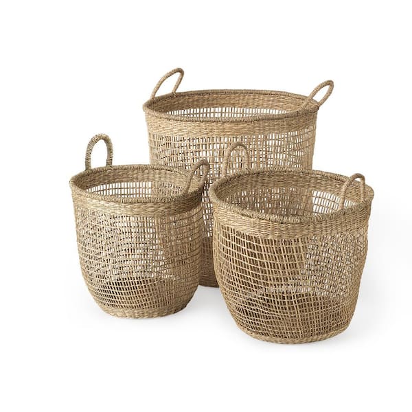Mercana Bowie 19.7L x 19.7W x 19.7H (Set of 3) Medium Brown Seagrass Round Basket W/Handles