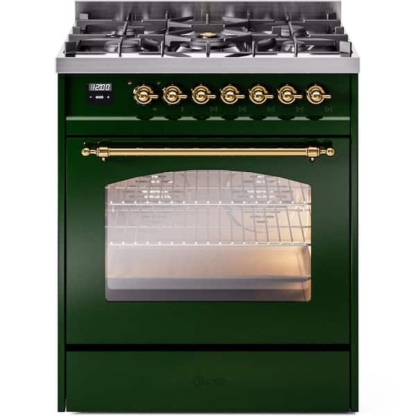 ILVE Nostalgie II 30 in. 5-Burner Freestanding Dual Fuel Range in Emerald Green with Brass Trim