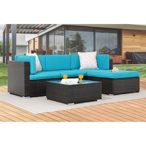 5-Piece Wicker Patio Conversation Sectional Seating Set with Lake Blue Cushions